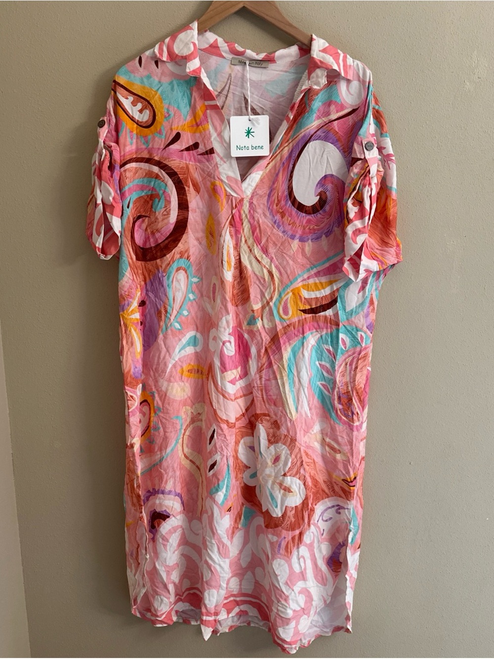 Nota Bene Made Italy Pink Paisley Shirt Dress One Size Boho Resort Cover Up New